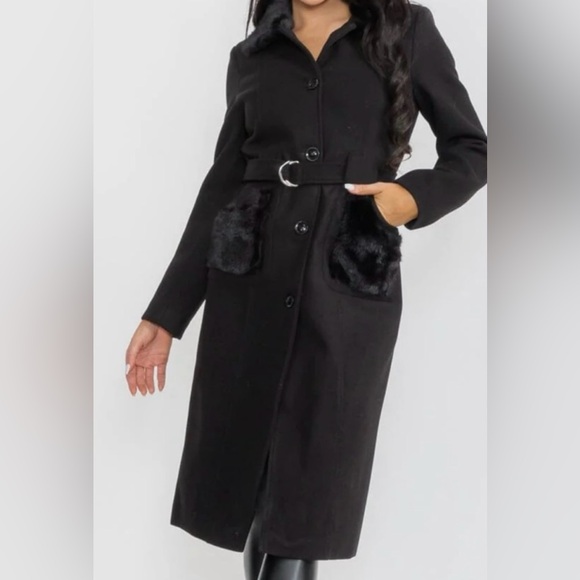 Jackets & Blazers - 7. 🌸COST 🛑Black faux fur pocketed peacoat belted pockets coat jacket